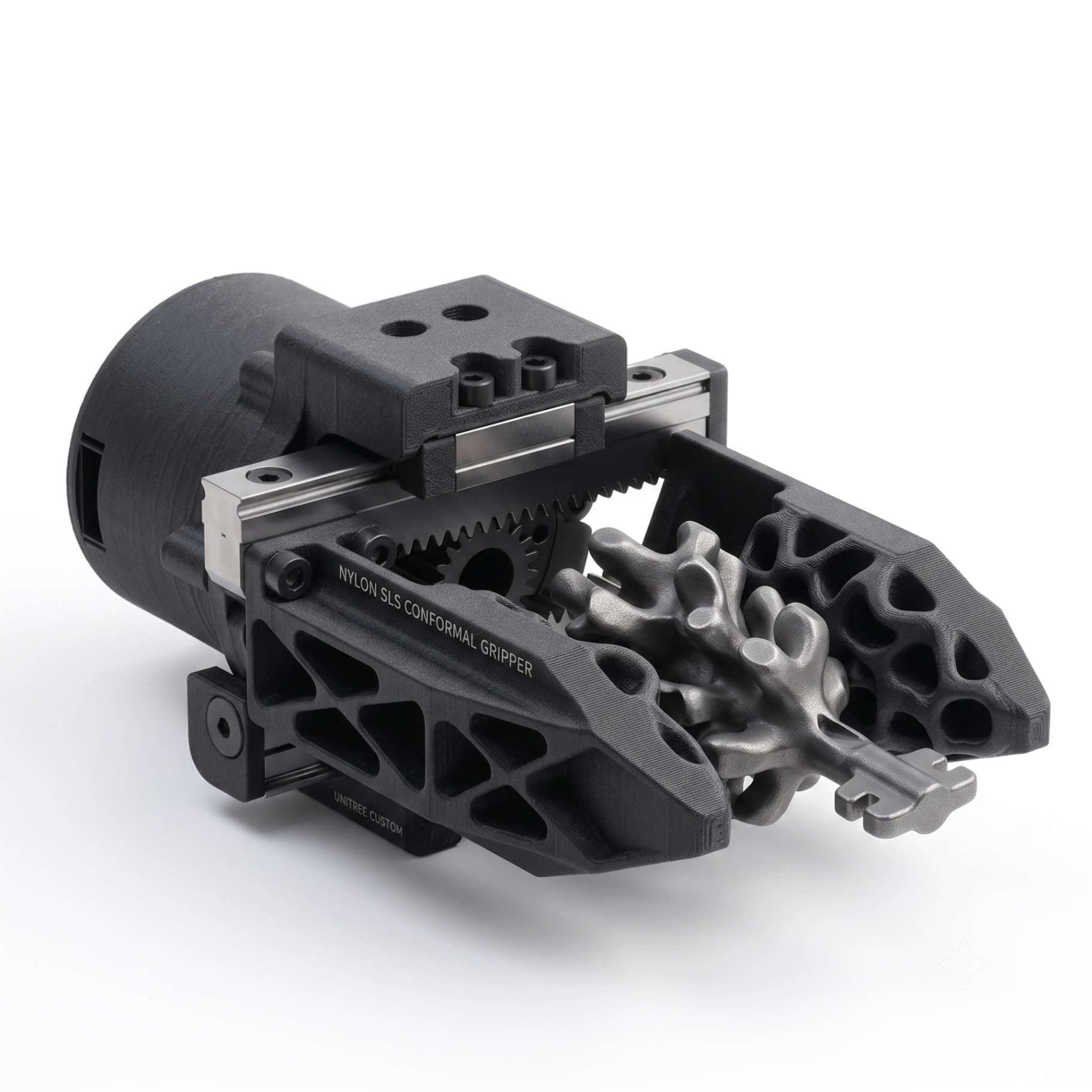 Custom SLS nylon conformal robotic gripper holding a metal lattice part